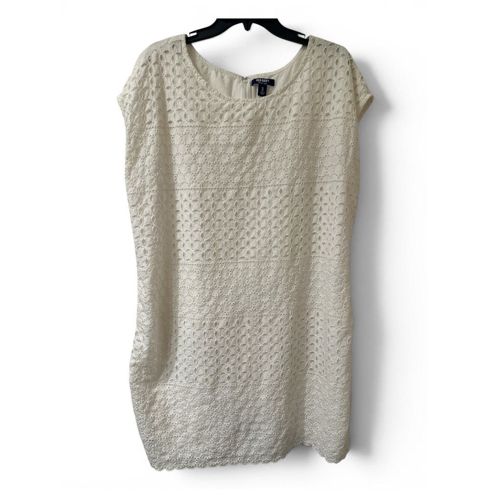 White Eyelet Shift Dress XL Cotton Lined Cottagecore Coastal Summer